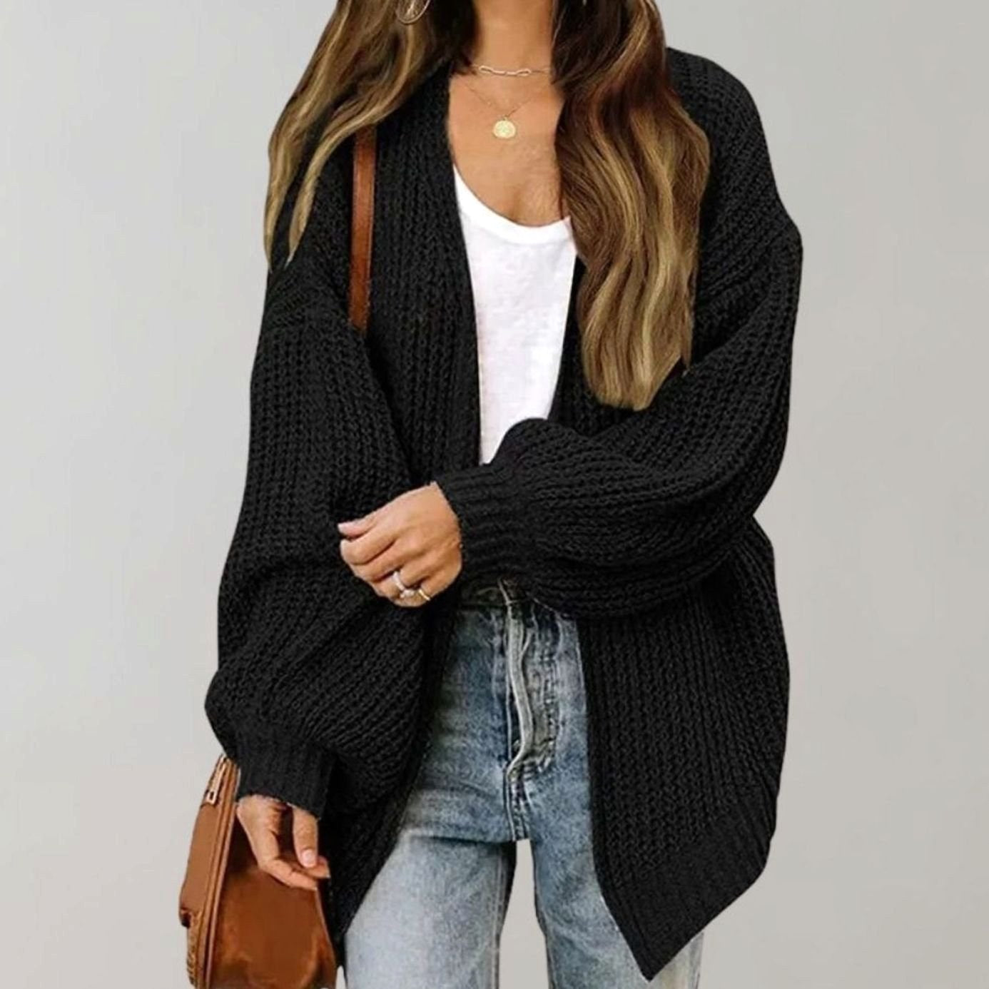 Johanna | Damen Oversize Strickjacke mit offener Vorderseite, Lockerer Cardigan zum Überziehen | Nomad NTS | Black