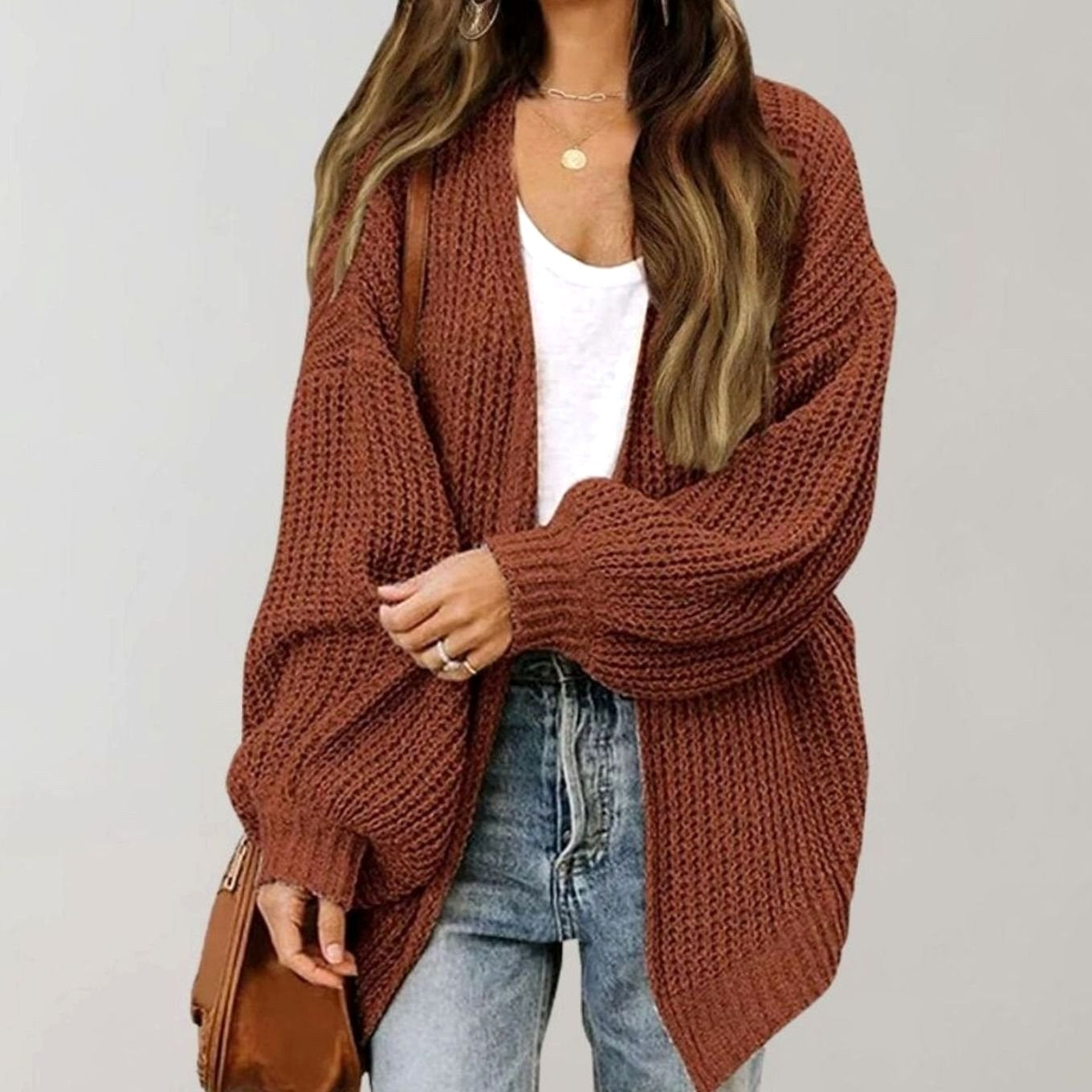Johanna | Damen Oversize Strickjacke mit offener Vorderseite, Lockerer Cardigan zum Überziehen | Nomad NTS | Coffee