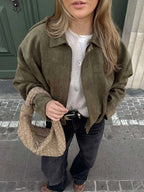 Josette | Damen Kunstwildleder-Bomberjacke mit Kragen, strukturierte Jacke mit Kragen | Nomadnts | Khaki