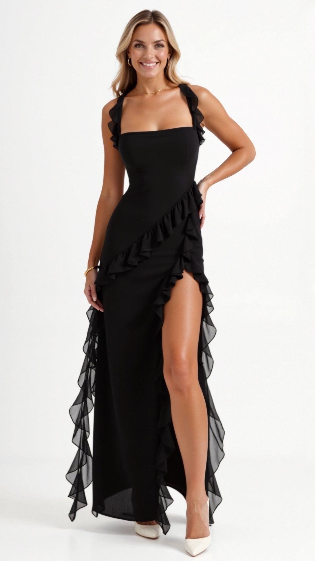 Julia | Damen Rüschen-Maxikleid, Abendkleid mit vorderem Schlitz | Nomadnts | Nomadnts