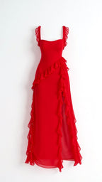 Julia | Damen Rüschen-Maxikleid, Abendkleid mit vorderem Schlitz | Nomadnts | Nomadnts