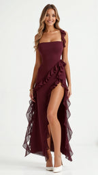 Julia | Damen Rüschen-Maxikleid, Abendkleid mit vorderem Schlitz | Nomadnts | Nomadnts