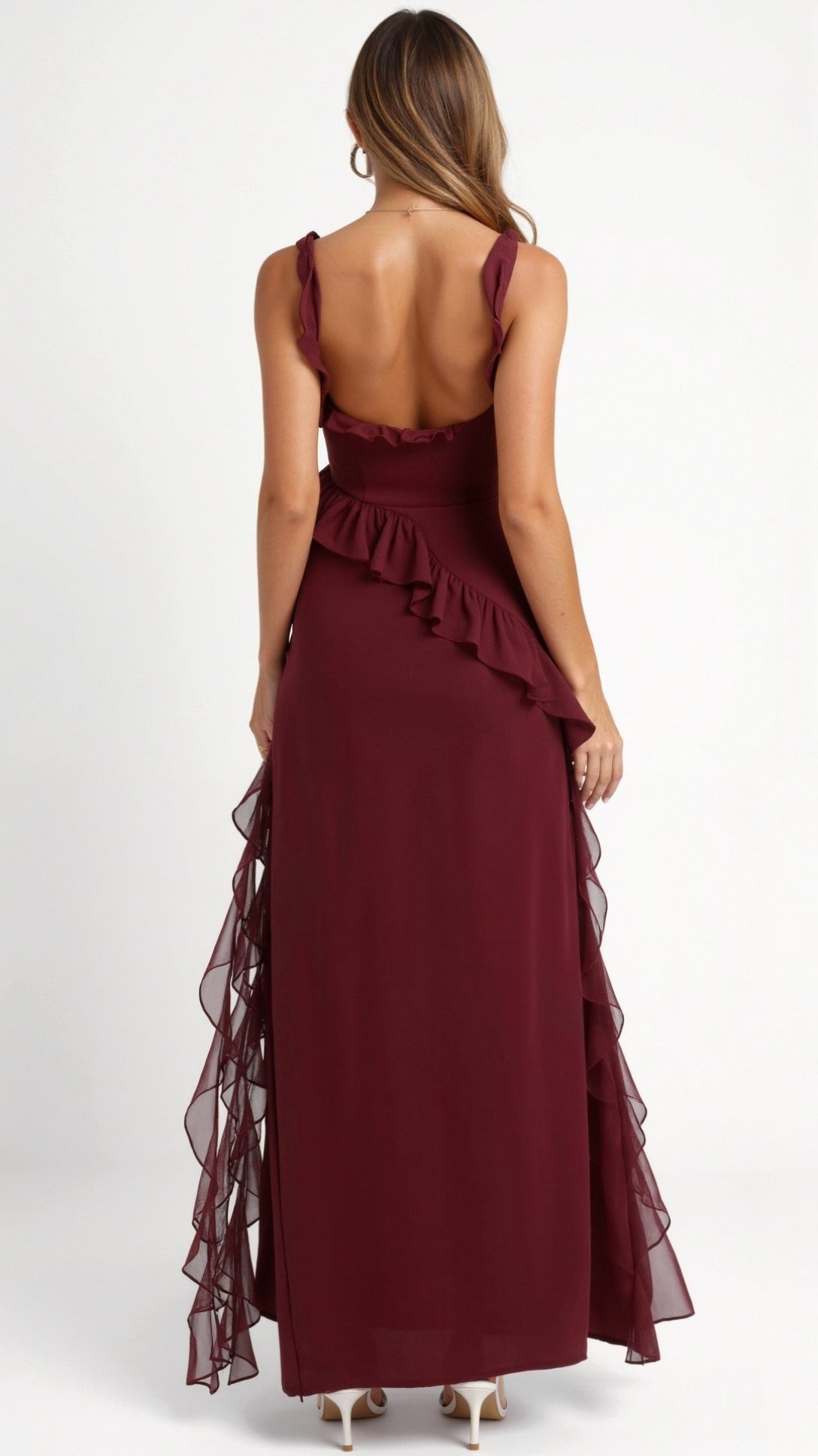 Julia | Damen Rüschen-Maxikleid, Abendkleid mit vorderem Schlitz | Nomadnts | Nomadnts