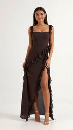 Julia | Damen Rüschen-Maxikleid, Abendkleid mit vorderem Schlitz | Nomadnts | Nomadnts
