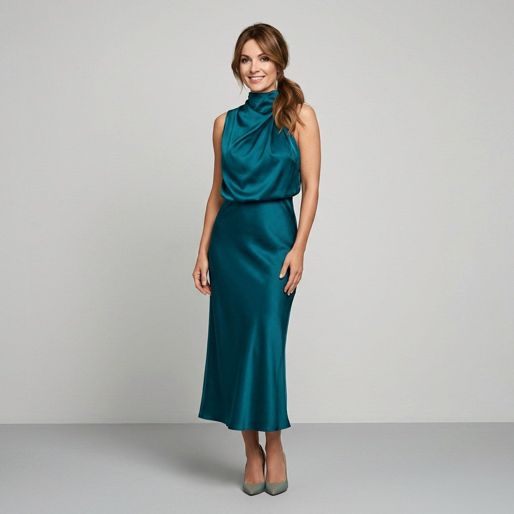 Karin | Drapierte Midi-Kleid mit Wickeltop und hohem Ausschnitt, ärmelloses Abendkleid | Nomad NTS