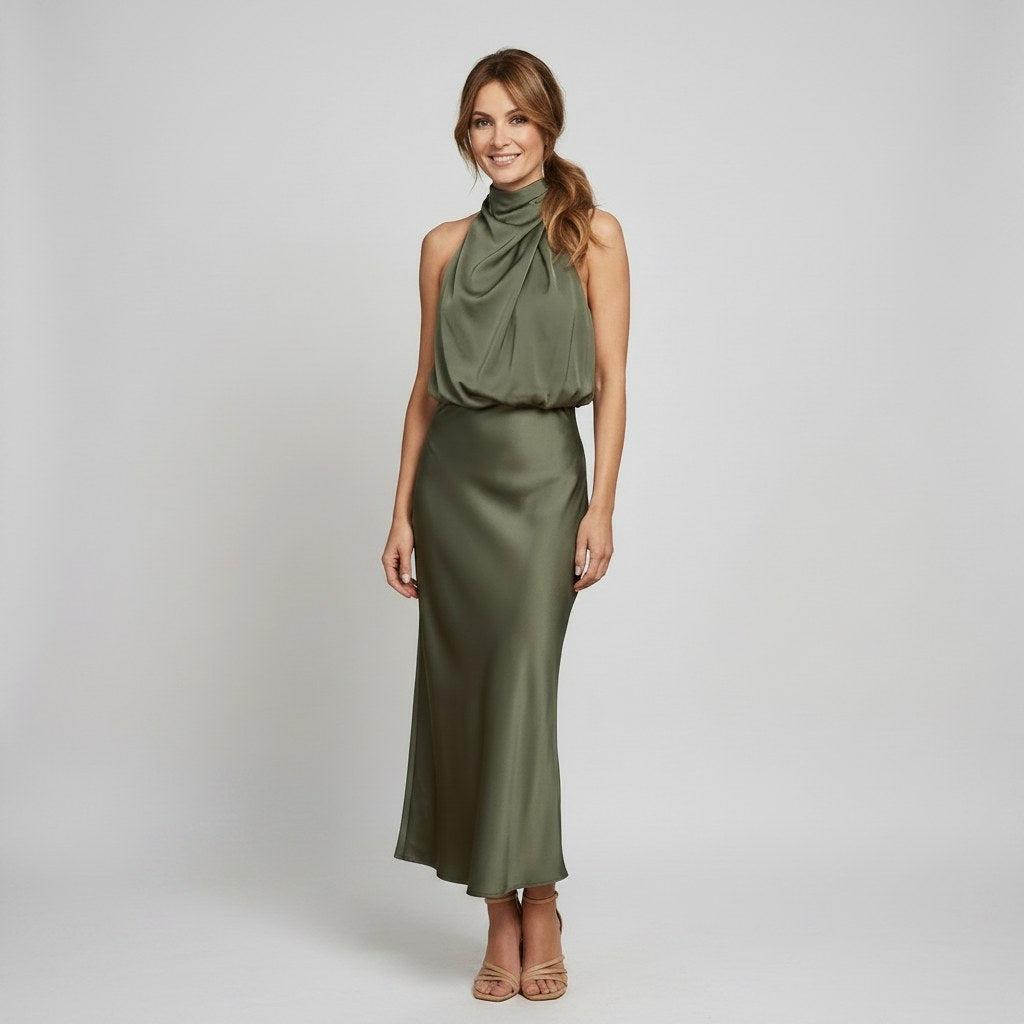 Karin | Drapierte Midi-Kleid mit Wickeltop und hohem Ausschnitt, ärmelloses Abendkleid | Nomad NTS