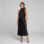 Karin | Drapierte Midi-Kleid mit Wickeltop und hohem Ausschnitt, ärmelloses Abendkleid | Nomad NTS