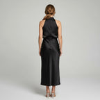 Karin | Drapierte Midi-Kleid mit Wickeltop und hohem Ausschnitt, ärmelloses Abendkleid | Nomad NTS