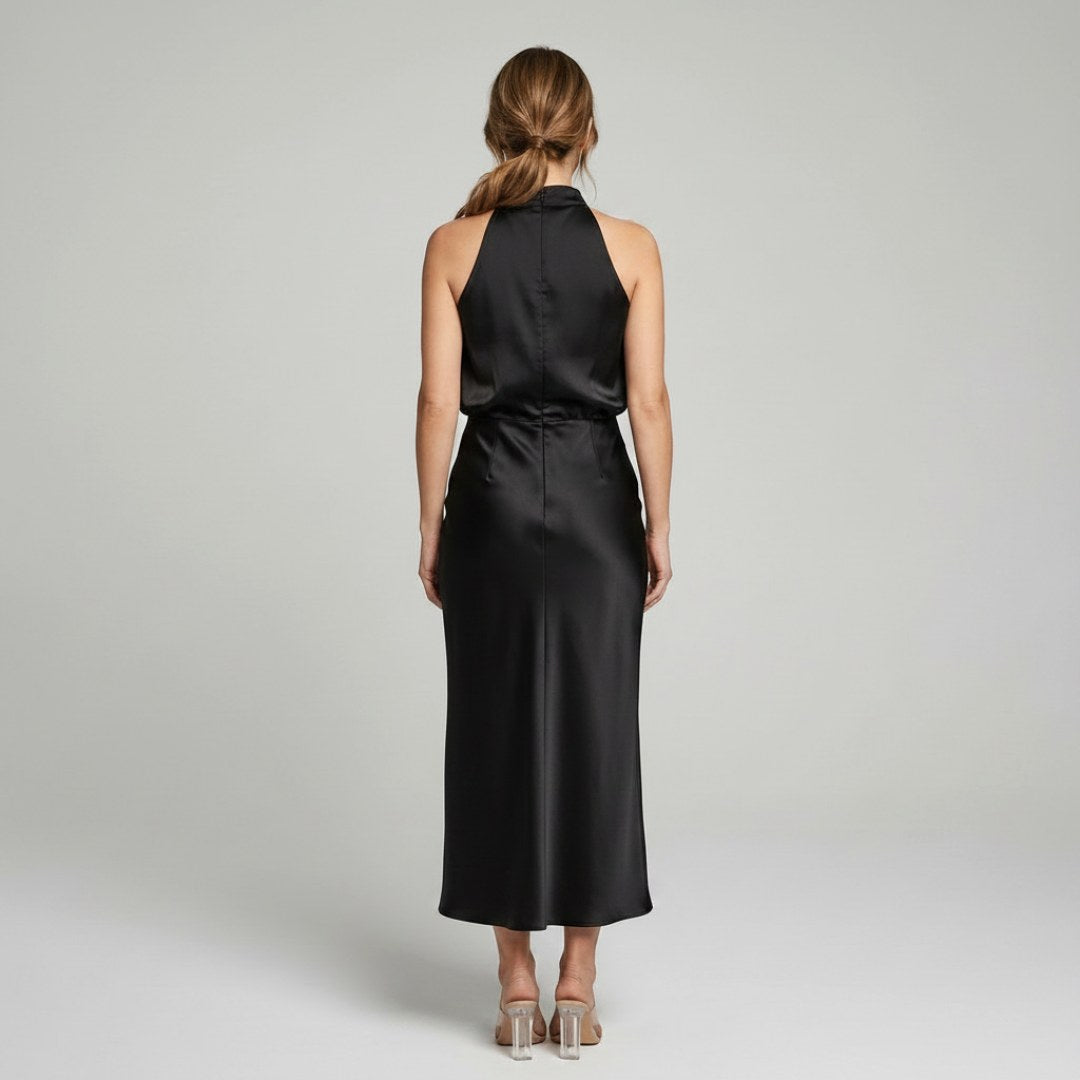 Karin | Drapierte Midi-Kleid mit Wickeltop und hohem Ausschnitt, ärmelloses Abendkleid | Nomad NTS