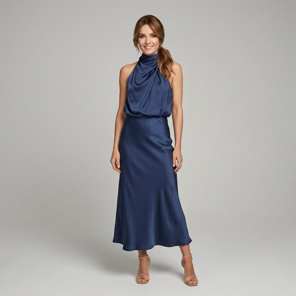 Karin | Drapierte Midi-Kleid mit Wickeltop und hohem Ausschnitt, ärmelloses Abendkleid | Nomad NTS