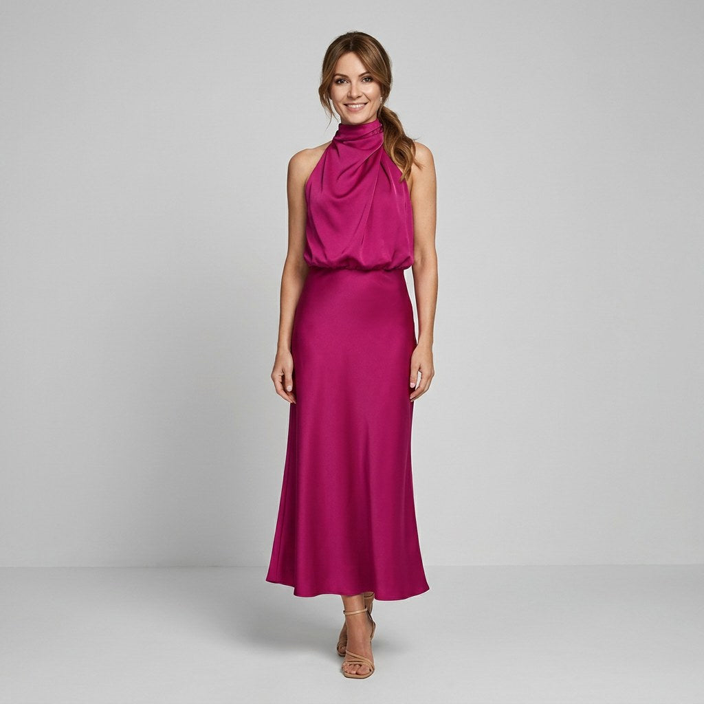Karin | Drapierte Midi-Kleid mit Wickeltop und hohem Ausschnitt, ärmelloses Abendkleid | Nomad NTS