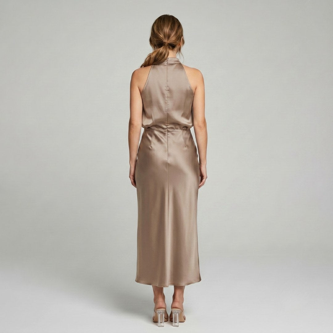 Karin | Drapierte Midi-Kleid mit Wickeltop und hohem Ausschnitt, ärmelloses Abendkleid | Nomad NTS