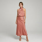 Karin | Drapierte Midi-Kleid mit Wickeltop und hohem Ausschnitt, ärmelloses Abendkleid | Nomad NTS