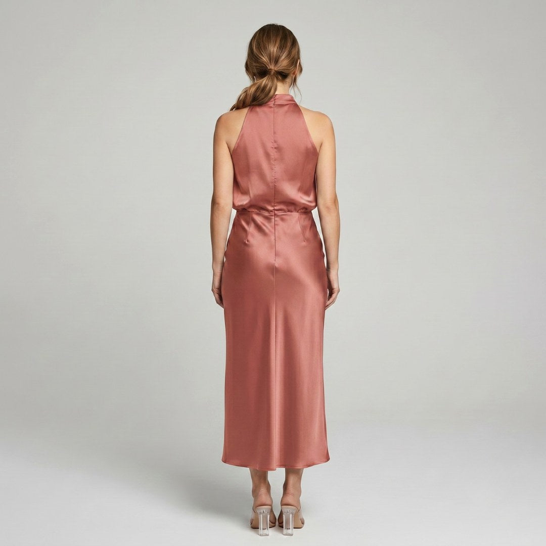 Karin | Drapierte Midi-Kleid mit Wickeltop und hohem Ausschnitt, ärmelloses Abendkleid | Nomad NTS