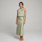 Karin | Drapierte Midi-Kleid mit Wickeltop und hohem Ausschnitt, ärmelloses Abendkleid | Nomad NTS
