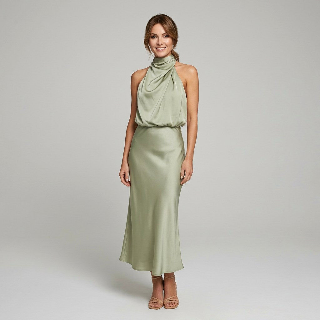 Karin | Drapierte Midi-Kleid mit Wickeltop und hohem Ausschnitt, ärmelloses Abendkleid | Nomad NTS