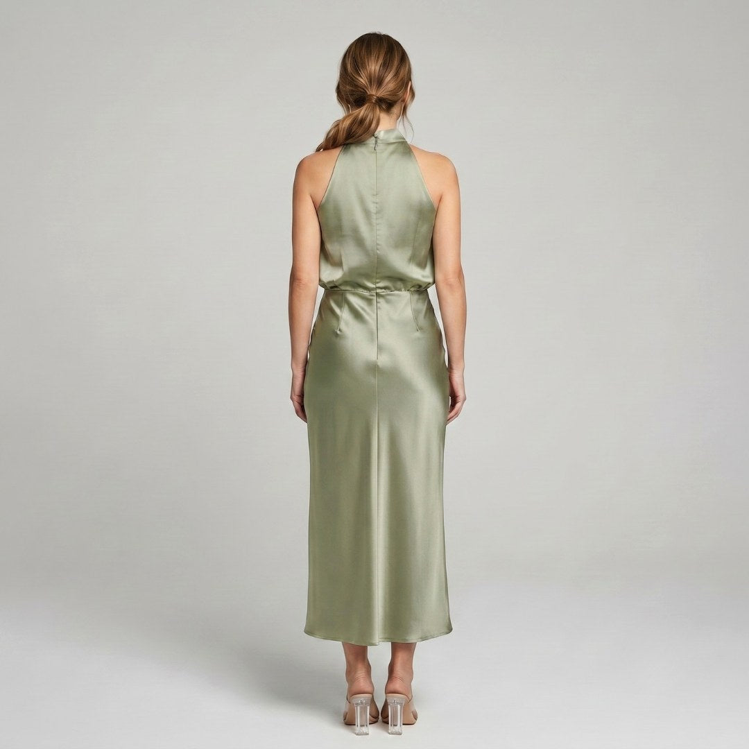 Karin | Drapierte Midi-Kleid mit Wickeltop und hohem Ausschnitt, ärmelloses Abendkleid | Nomad NTS