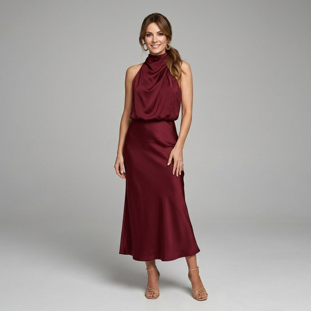 Karin | Drapierte Midi-Kleid mit Wickeltop und hohem Ausschnitt, ärmelloses Abendkleid | Nomad NTS