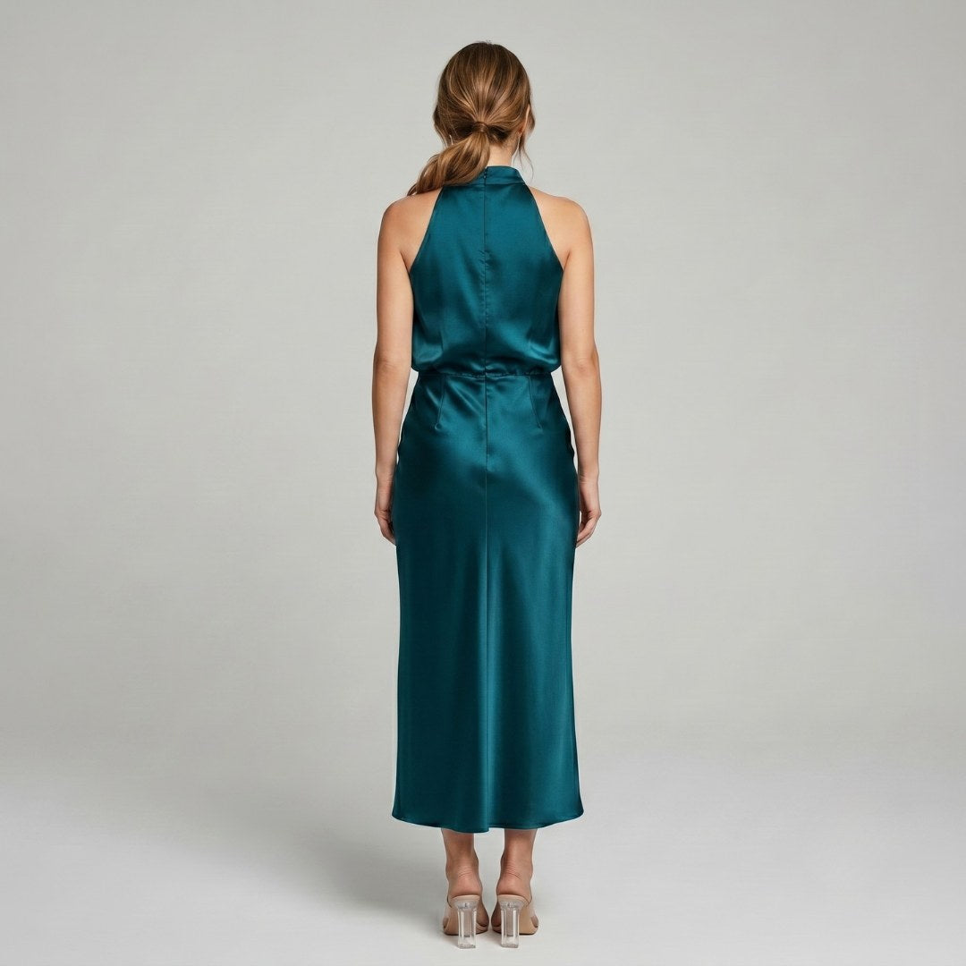 Karin | Drapierte Midi-Kleid mit Wickeltop und hohem Ausschnitt, ärmelloses Abendkleid | Nomad NTS
