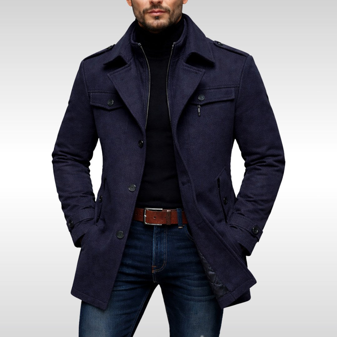 Kurt | Herrenwollmantel mit strukturiertem Schnitt, Eleganter Wollmantel für Herbst | Nomad NTS | Navy Blue