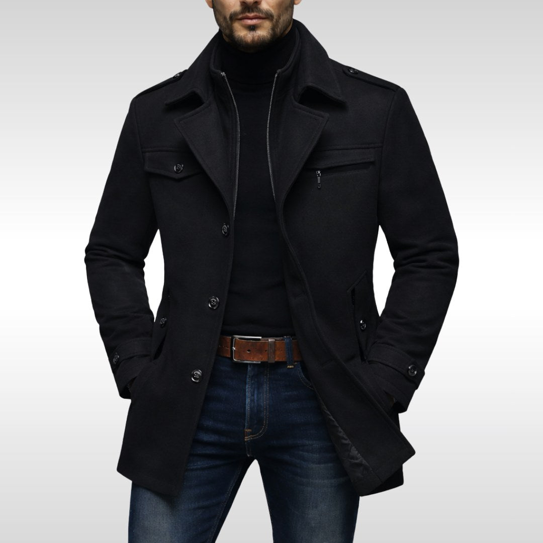 Kurt | Herrenwollmantel mit strukturiertem Schnitt, Eleganter Wollmantel für Herbst | Nomad NTS | Black