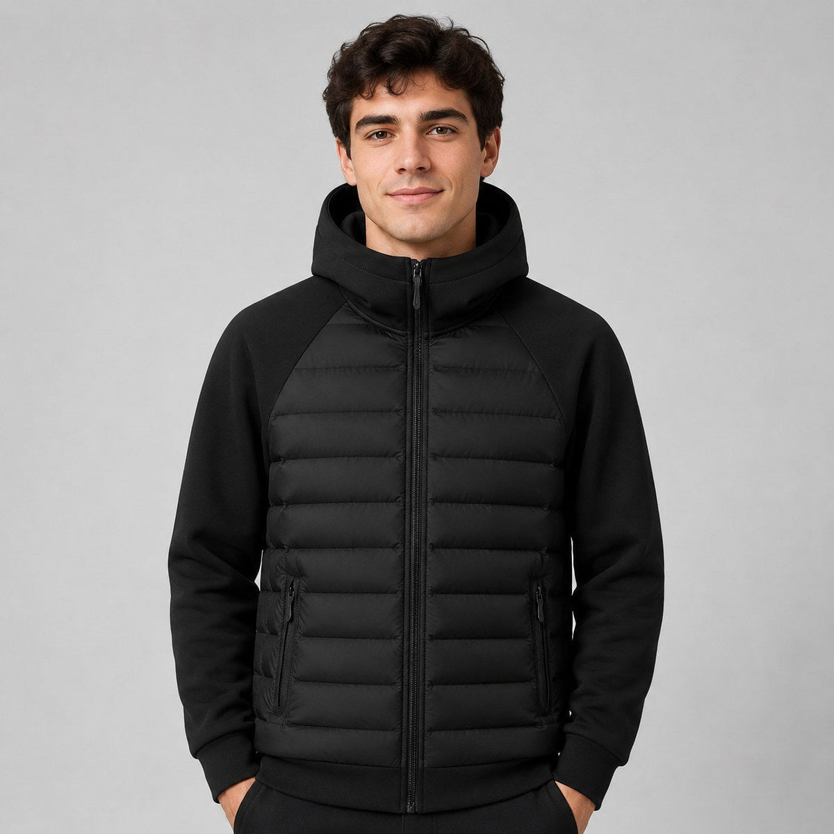 Kyle | Herren-Daunenjacke mit Kapuze und Stepp-Einsätzen, isolierter Herbstmantel | Nomadnts | Schwarz