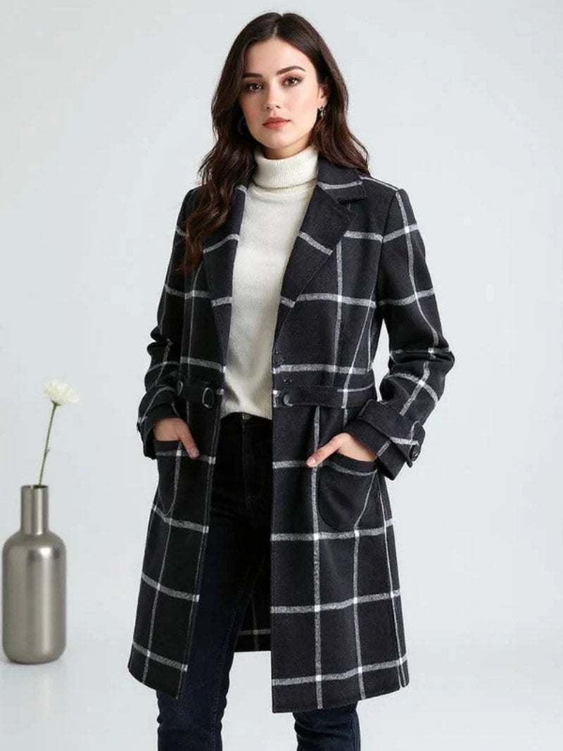 Lison | Damen karierter Wollmantel, tailliert geschnittener Herbstmantel | Nomadnts | Nomadnts