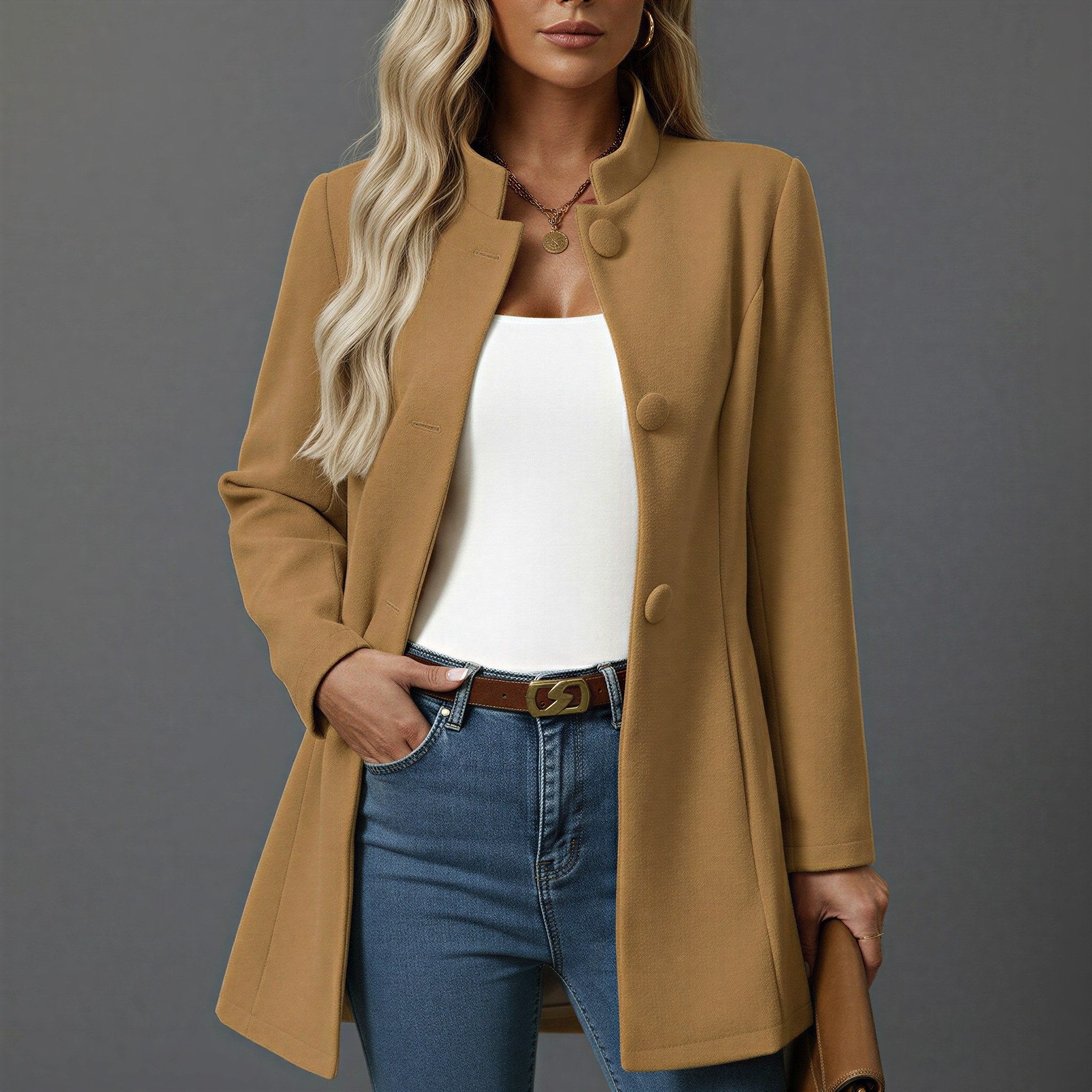 Lorraine | Damen A-Linien-Mantel mit Knopfleiste, Herbstmantel mit Stehkragen | Nomadnts | Camel