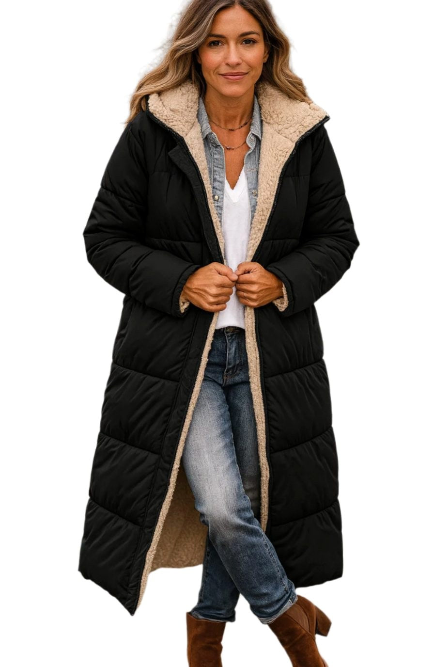 Luisa | Damen Langer Mantel mit Kapuze und Wattierung, Sherpa-gefütterter Wintermantel | Nomad NTS | Black