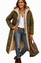 Luisa | Damen Langer Mantel mit Kapuze und Wattierung, Sherpa-gefütterter Wintermantel | Nomad NTS | Army Green