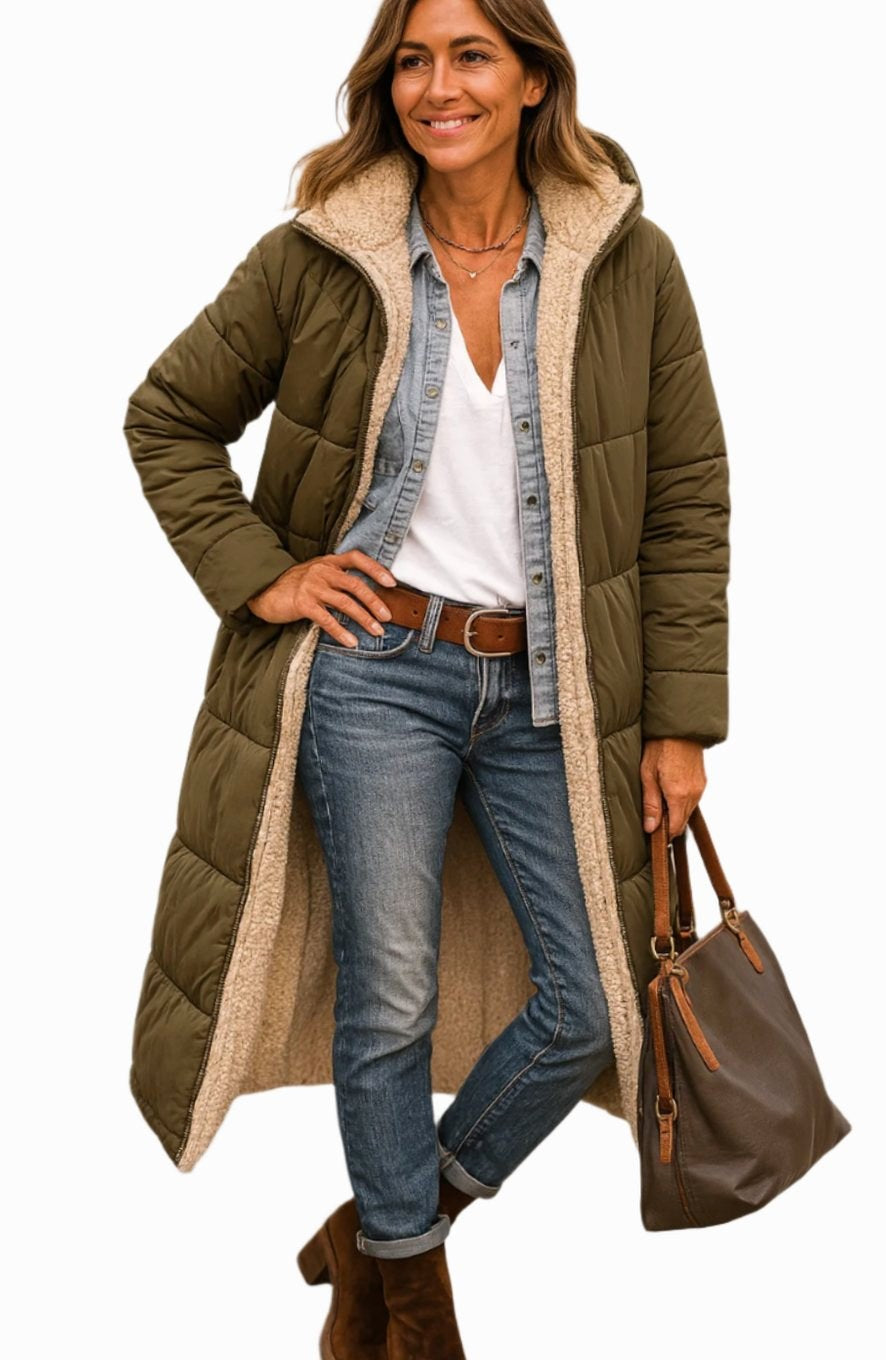 Luisa | Damen Langer Mantel mit Kapuze und Wattierung, Sherpa-gefütterter Wintermantel | Nomad NTS | Army Green