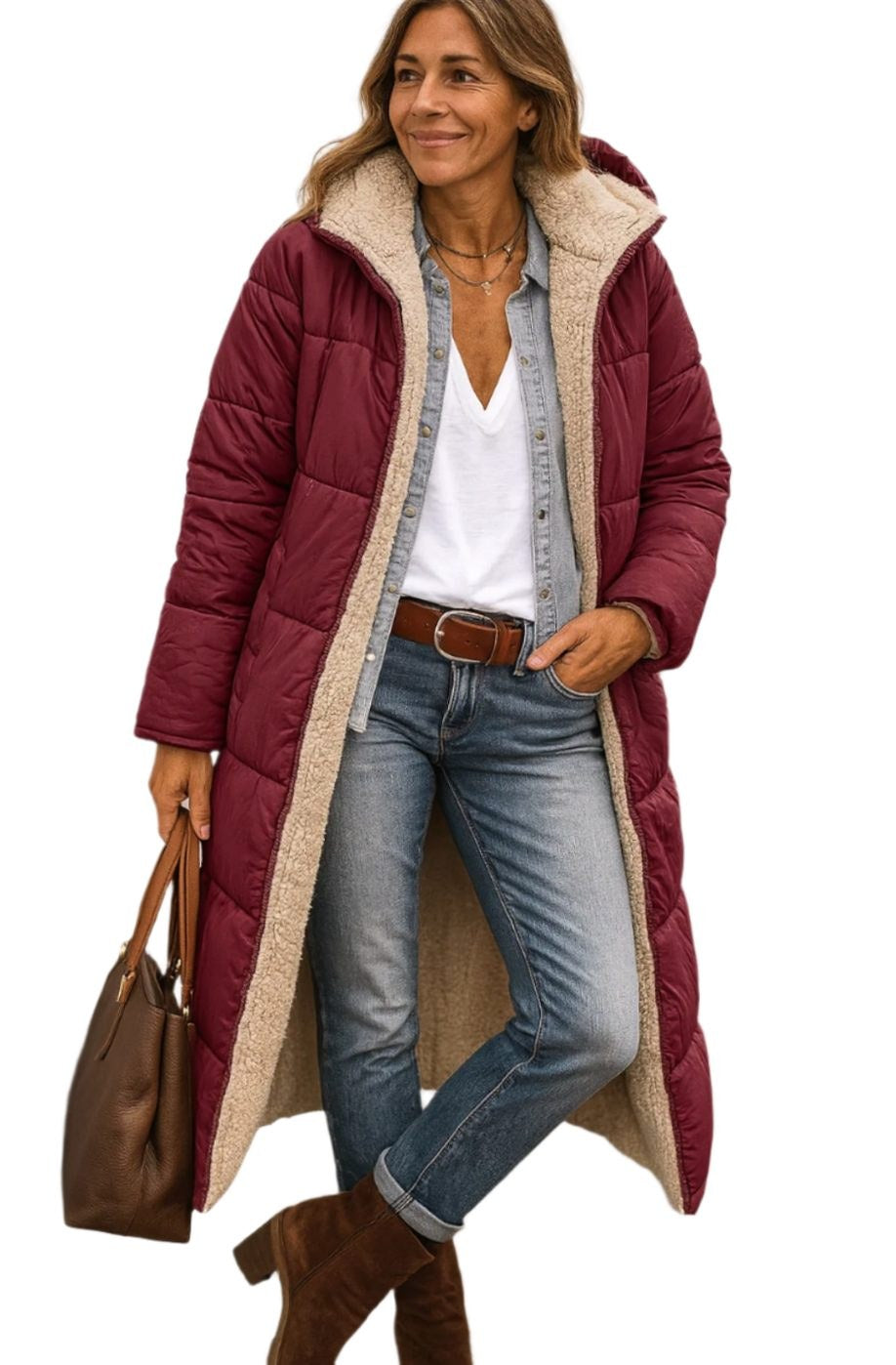 Luisa | Damen Langer Mantel mit Kapuze und Wattierung, Sherpa-gefütterter Wintermantel | Nomad NTS | Wine Red