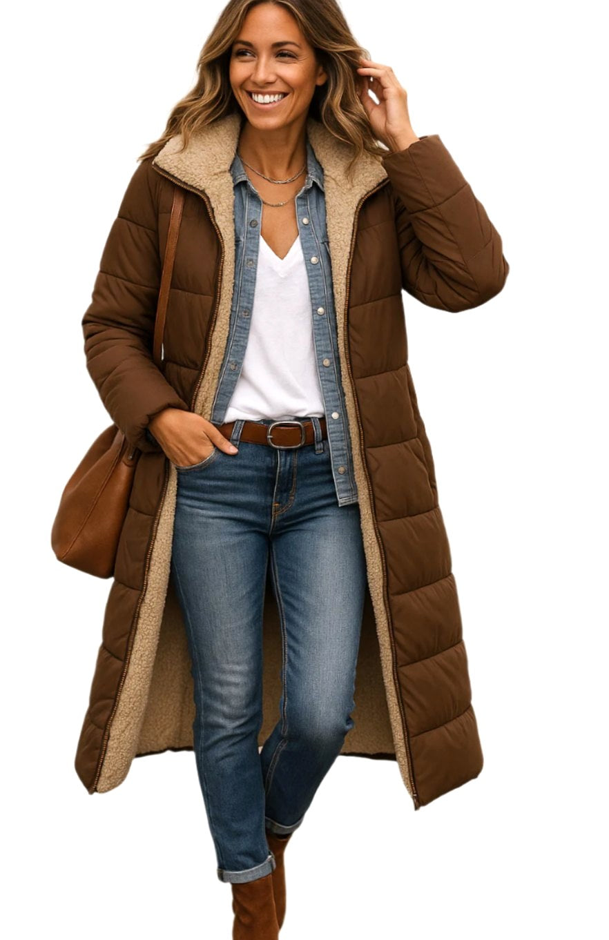 Luisa | Damen Langer Mantel mit Kapuze und Wattierung, Sherpa-gefütterter Wintermantel | Nomad NTS | Brown