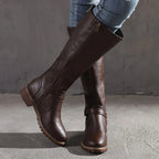 Maisie | Damen kniehohe Lederstiefel, Reitstiefel mit seitlichem Reißverschluss und Blockabsatz | Nomadnts | Brown