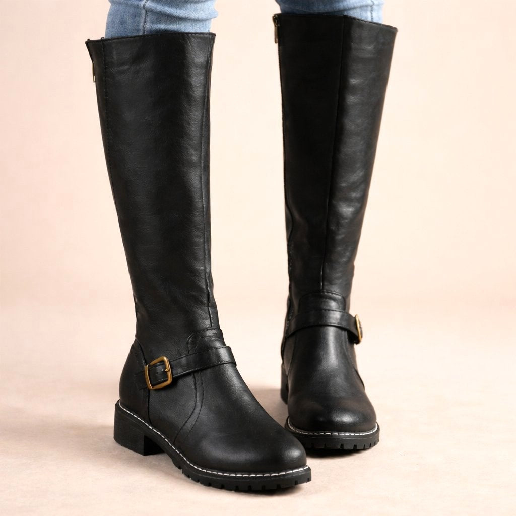 Maisie | Damen kniehohe Lederstiefel, Reitstiefel mit seitlichem Reißverschluss und Blockabsatz | Nomadnts | Nomadnts