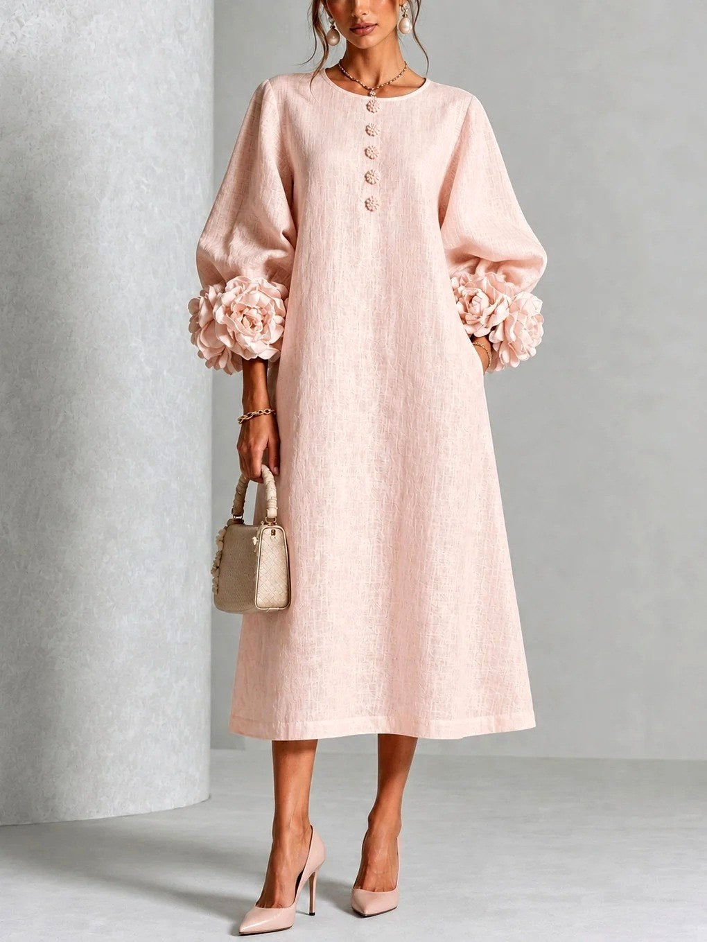 Margarete | Damenmidi-Kleid mit Blüten-Manschetten, A-Linie Midikleid | Nomad NTS