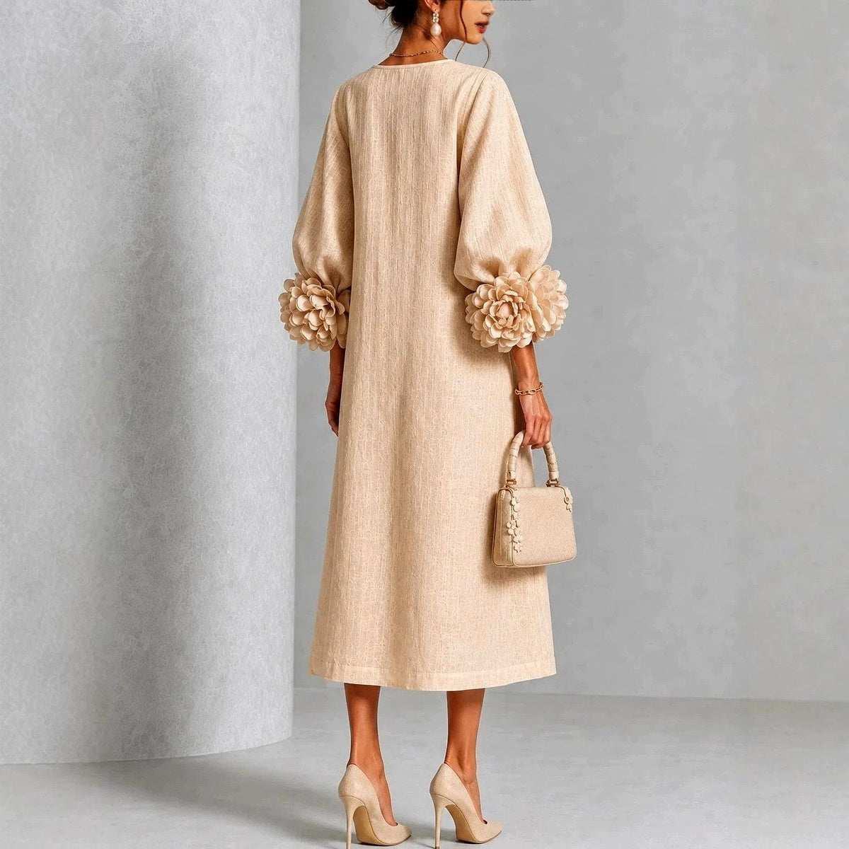 Margarete | Damenmidi-Kleid mit Blüten-Manschetten, A-Linie Midikleid | Nomad NTS