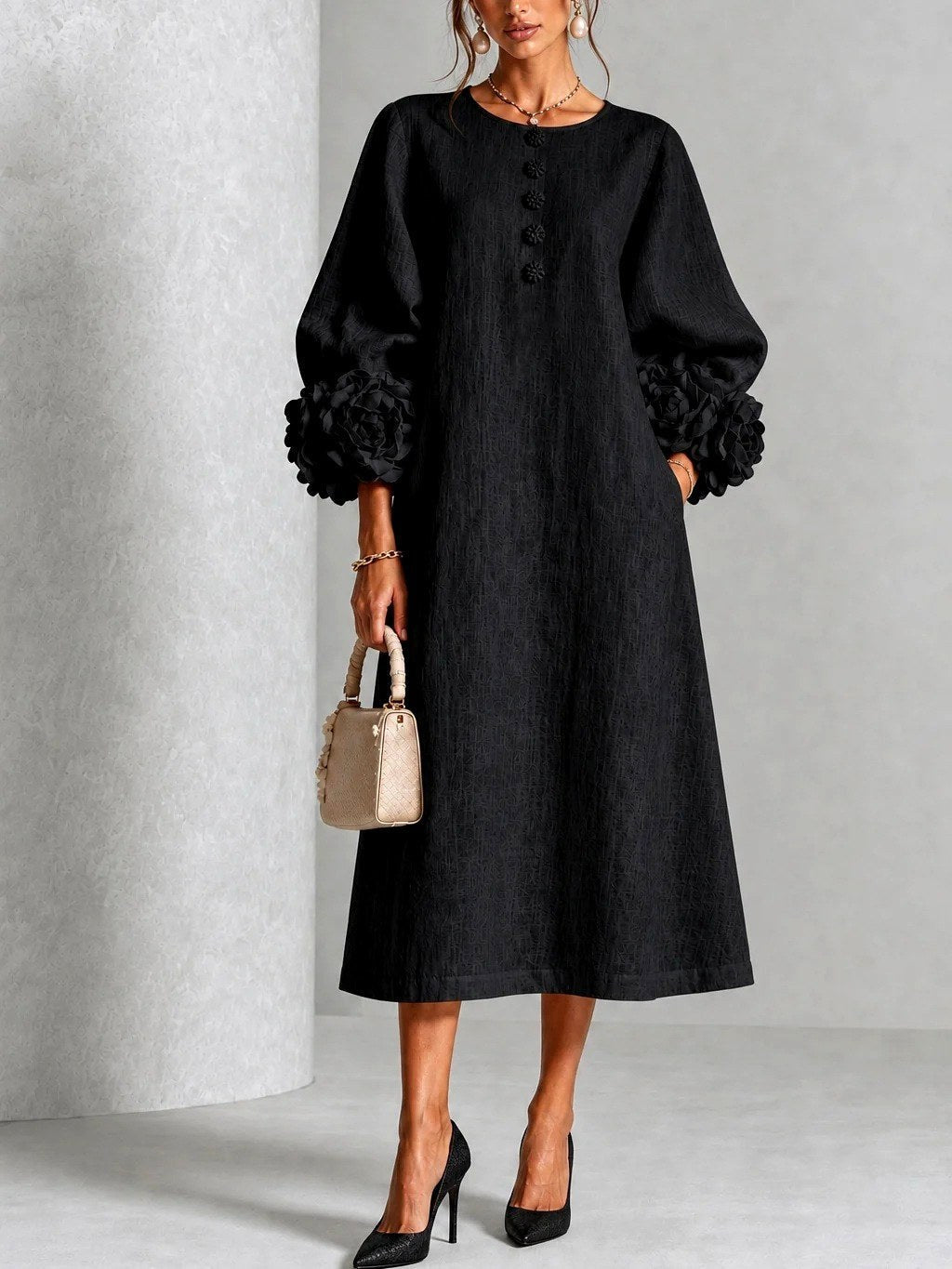Margarete | Damenmidi-Kleid mit Blüten-Manschetten, A-Linie Midikleid | Nomad NTS