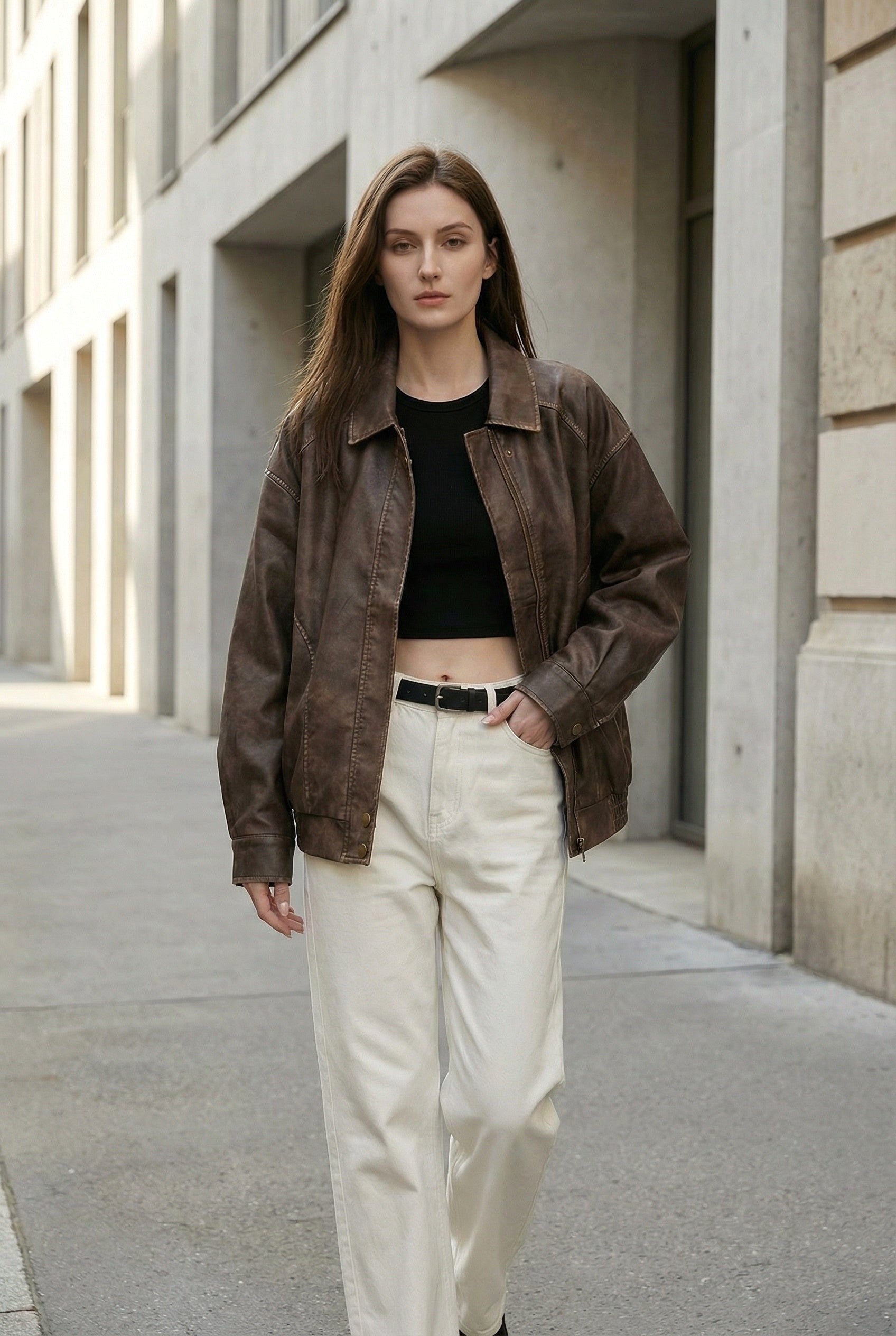 Margaux | Damen Oversized Kunstlederjacke, Vintage-Braun Oberbekleidung | Nomadnts | Nomadnts