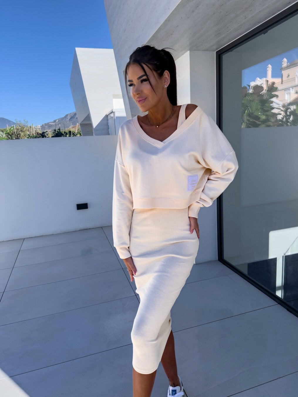 Mathilde | Damen Zweiteiler-Sweatshirt-und-Kleid-Set, lockeres Lagenlook-Set | Nomadnts | Cream