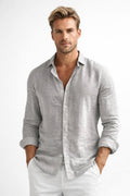 Matthew | Herren Leinen-Button-Down-Hemd, langärmeliges locker geschnittenes Hemd | Nomadnts | Grey