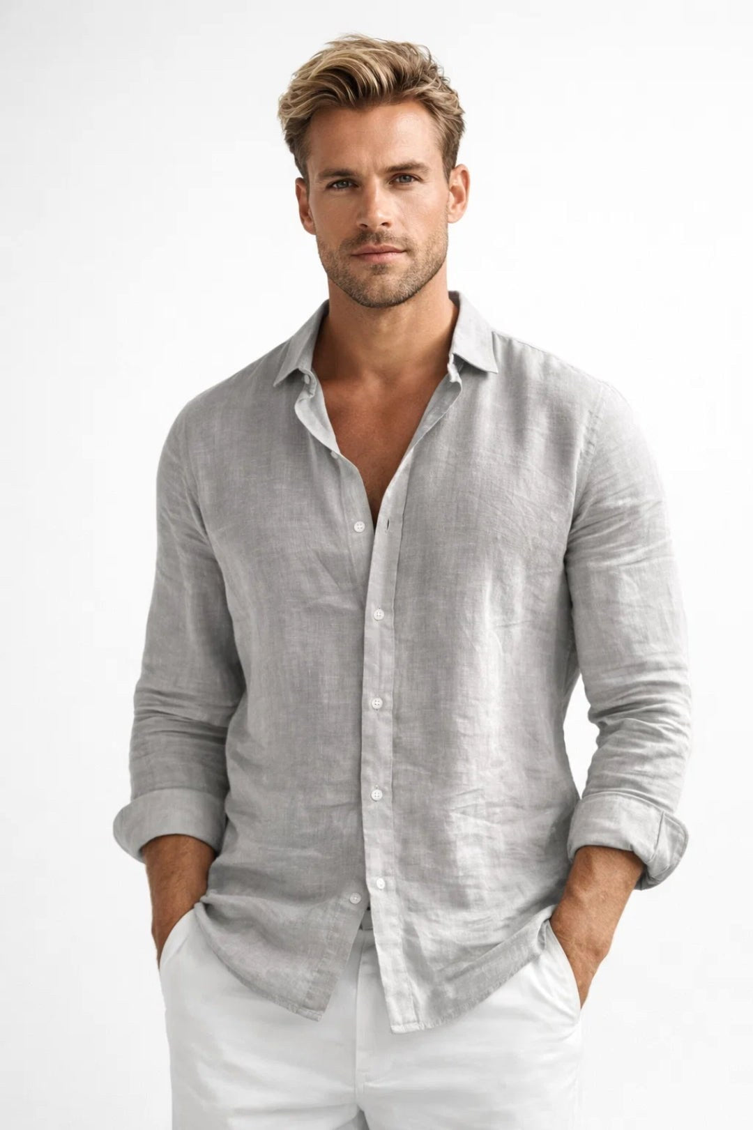 Matthew | Herren Leinen-Button-Down-Hemd, langärmeliges locker geschnittenes Hemd | Nomadnts | Grey