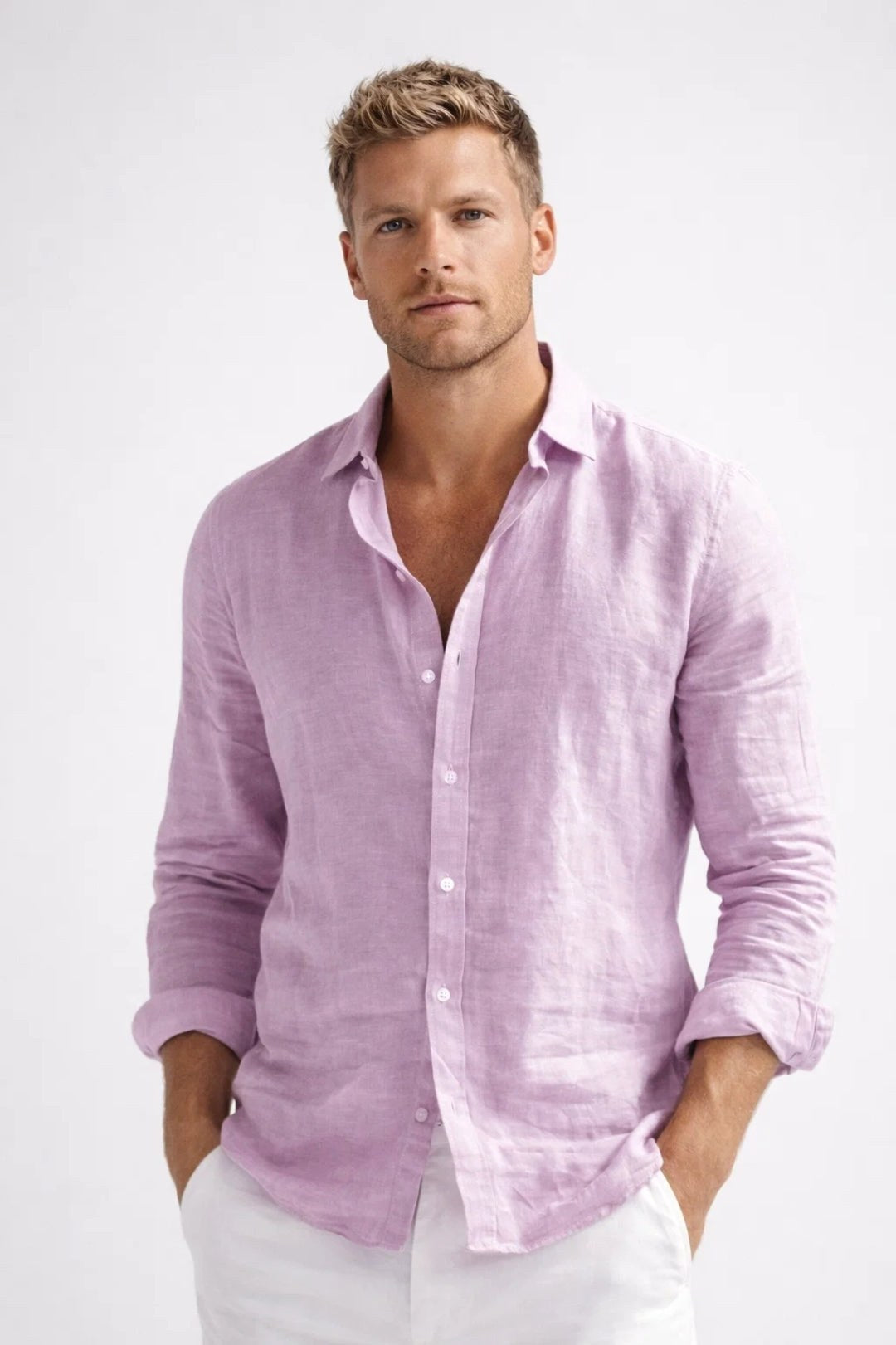 Matthew | Herren Leinen-Button-Down-Hemd, langärmeliges locker geschnittenes Hemd | Nomadnts | Pink