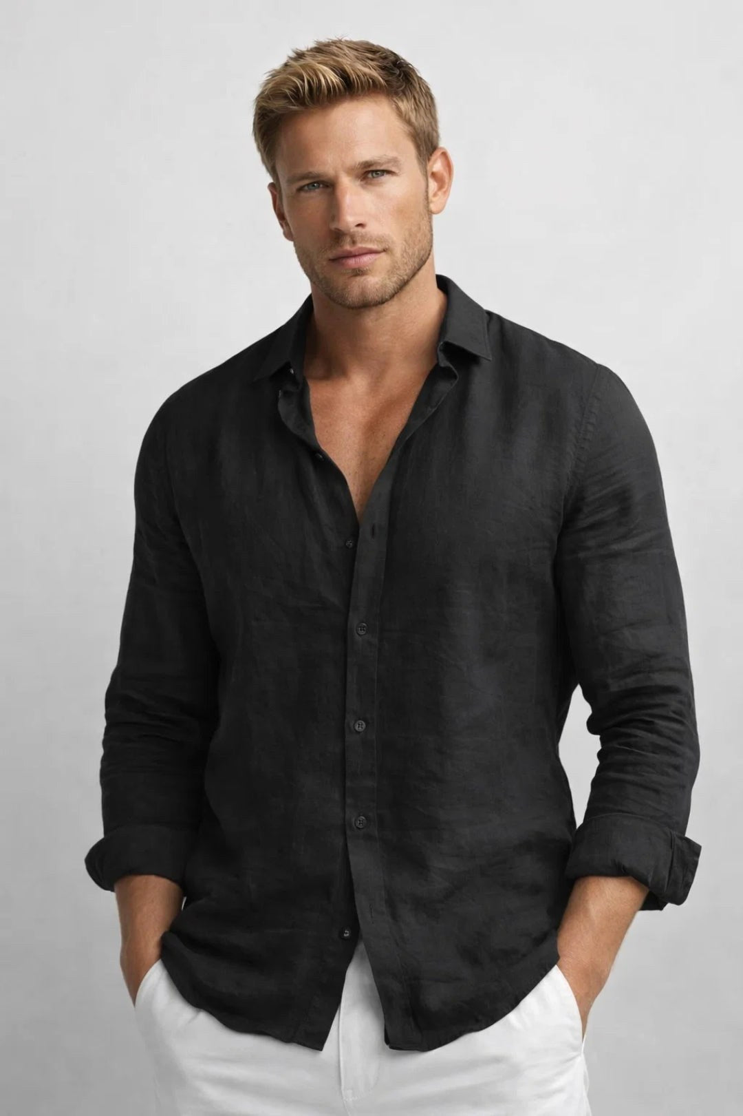 Matthew | Herren Leinen-Button-Down-Hemd, langärmeliges locker geschnittenes Hemd | Nomadnts | Black