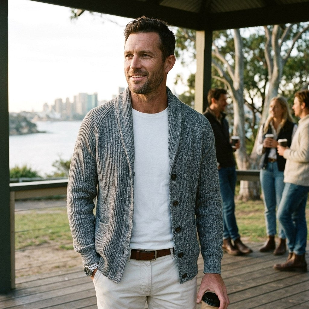 Michael | Herren Schalkragen-Cardigan mit Knopfleiste, geripptes Strick-Cardigan mit langen Ärmeln | Nomadnts | Nomadnts