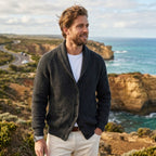 Michael | Herren Schalkragen-Cardigan mit Knopfleiste, geripptes Strick-Cardigan mit langen Ärmeln | Nomadnts | Khaki
