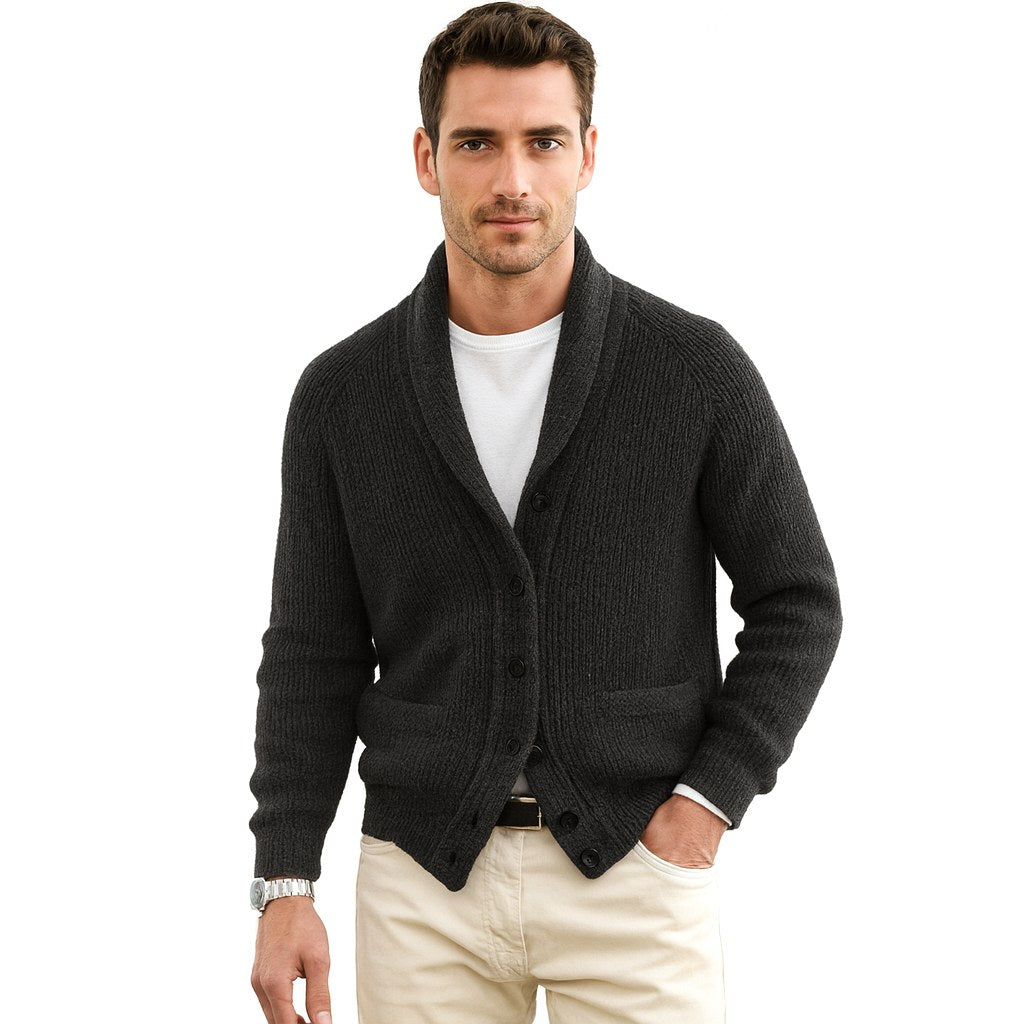 Michael | Herren Schalkragen-Cardigan mit Knopfleiste, geripptes Strick-Cardigan mit langen Ärmeln | Nomadnts | Nomadnts