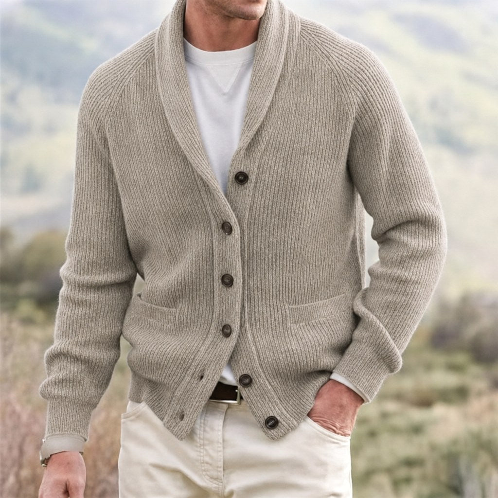 Michael | Herren Schalkragen-Cardigan mit Knopfleiste, geripptes Strick-Cardigan mit langen Ärmeln | Nomadnts | Nomadnts