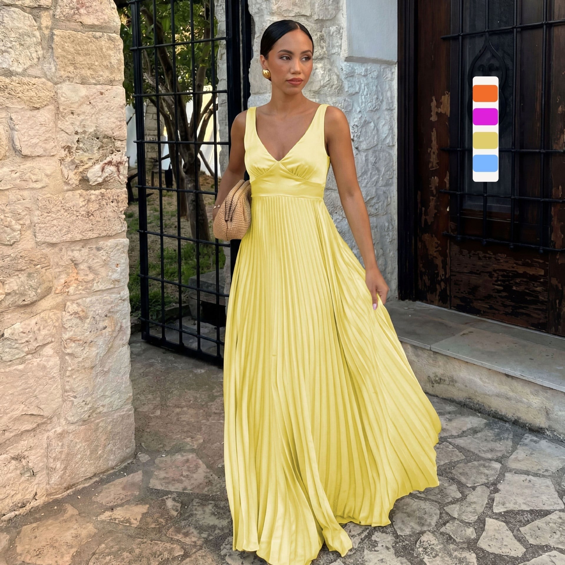Monique | Damen plissiertes Maxikleid mit V-Ausschnitt, formelles Kleid für Hochzeitsgäste | Nomadnts | Magenta