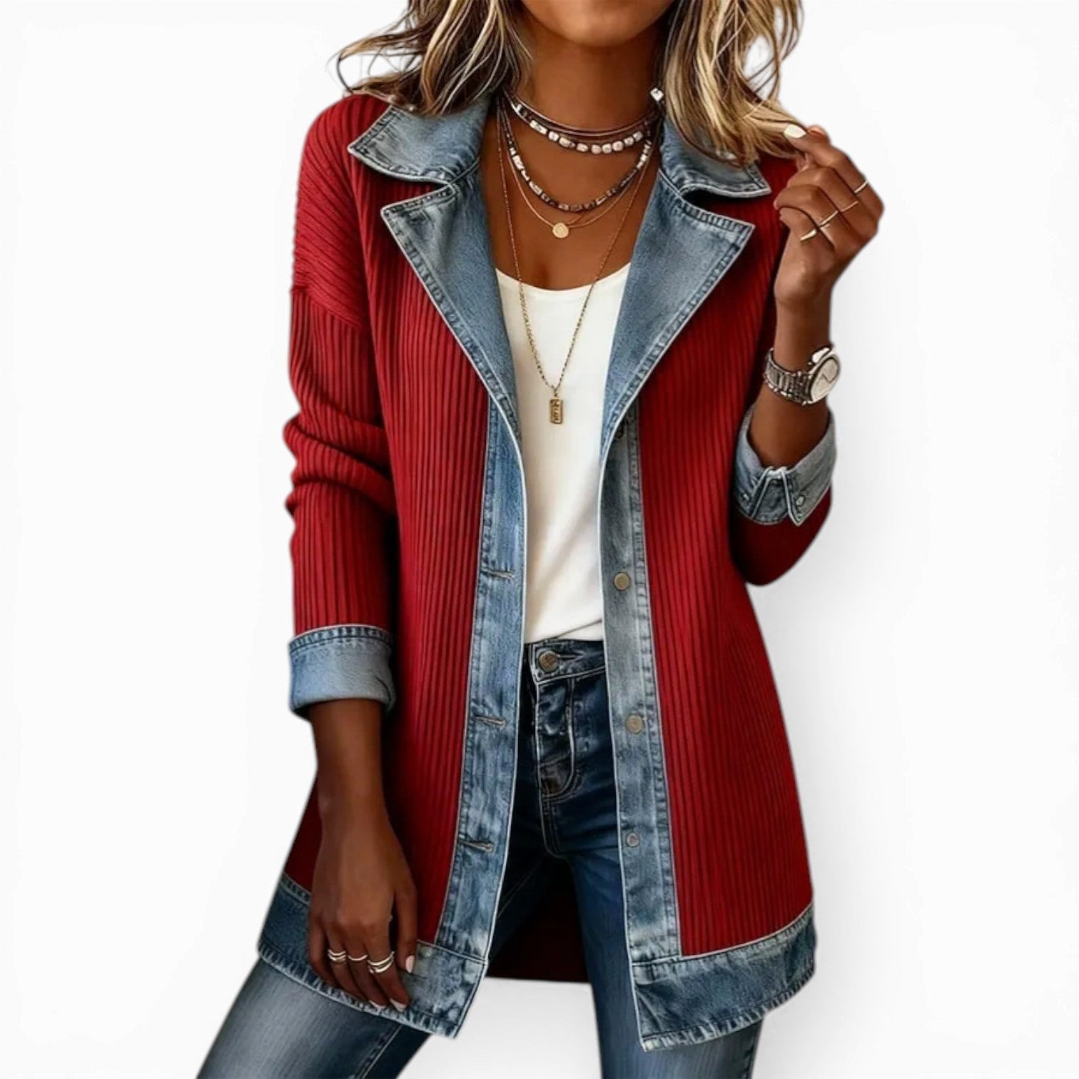 Noelle | Damen Hybrid Strick-Denim-Jacke, entspannte Jacke mit Knopfleiste | Nomadnts | Nomadnts
